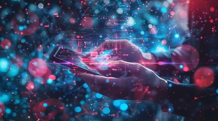 Overhead View of Hands Using Smartphone Amid Digital Imagery and Data Streams