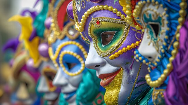 11. An elaborate Mardi Gras parade with masked revelers, colorful beads, and festive floats rolling through the streets