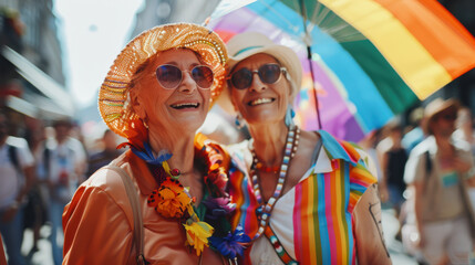 Two old girlfriends at the gay pride parade. Two elderly lesbians in sunglasses and bright clothes are walking along a busy street