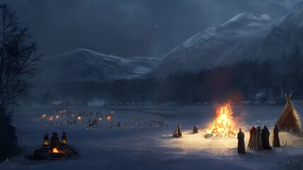 13. A serene winter solstice celebration with a bonfire, lanterns, and people gathered around in a snowy landscape