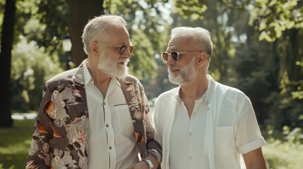 Two old gray-haired, bearded men are walking together in the park. An elderly gay couple in sunglasses are having a nice time together