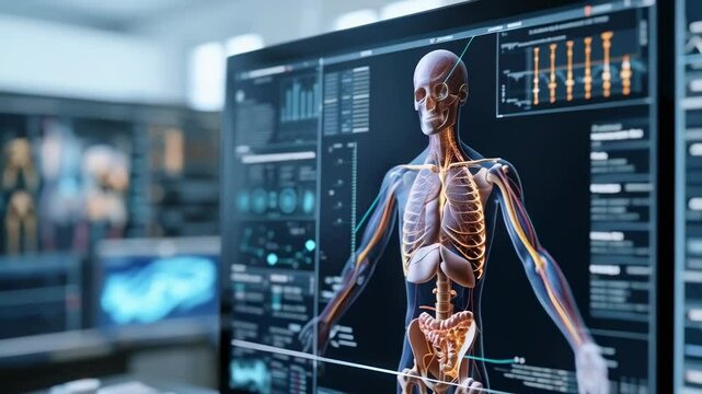 A high-resolution digital simulation of a human skeleton with internal organs displayed on a computer screen. The screen shows detailed anatomy, likely used for medical education or analysis. The