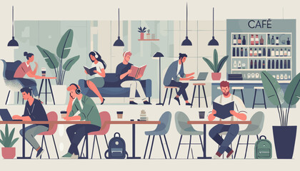 Concept of the image of people spending time in a café.
Vector illustration.