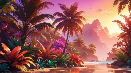 Tropical Paradise Beach at Sunset.