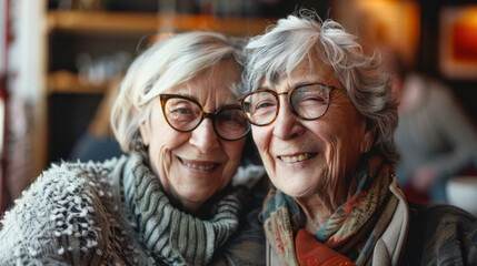A candid portrait of two old gray-haired girlfriends with glasses. An elderly lesbian couple. Two smiling women in a cafe