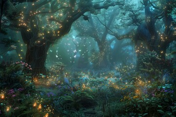 The enchanted and mystical forest comes alive at twilight with glowing lights and ethereal butterflies, creating a magical and otherworldly landscape of serene beauty and mysterious wonder