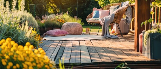 Cozy wooden terrace with rustic wooden furniture, soft colorful pillows and blankets, decorations and flower bushes. Charming sunny evening in summer garden