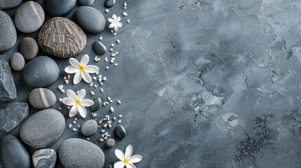 Top view of luxurious spa stones arrangement on gray concrete background Spa ambiance with space for text Beauty and wellness theme