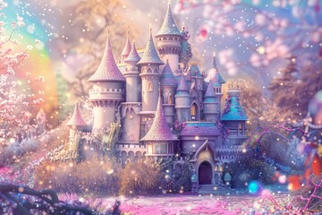 Dreamy artistic illustration of a fairytale castle with colorful flora and sparkling lights