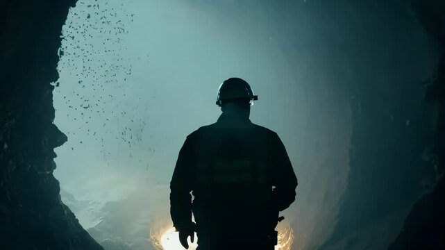 Silhouette of Worker in Underground Tunnel with Ai generated.
