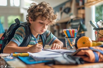 A student kid checks a list of school essentials, ensuring they have packed everything needed for the day The child methodically goes through items like notebooks, pencils, and lunch, showing