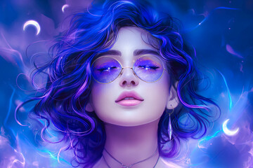 Fototapeta premium A non-binary entity with an iridescent form that shifts with the observer's mood. Hair of light strands, eyes sparkling with intelligence. Always adorned with purple glasses and moon pendant