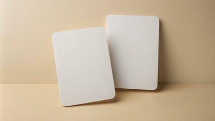 Minimalist card mockup featuring two blank white cards with rounded corners held against a clean, neutral-colored background.