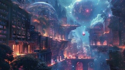 Cerebrum depicted as a grand library with floating books and glowing knowledge orbs, set in a mystical realm.