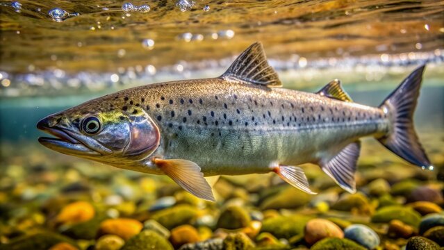 Close-up of a small young Chinook salmon smolt swimming vigorously against the strong river current with shimmering water background.