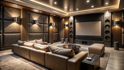 Luxurious darkened room with sleek black speakers, massive screen, and comfortable beige couch, perfect for cinematic experience atmosphere.
