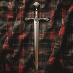 Top view of medieval sword on Scottish tartan kilt cloth, ideal for Scottish and Irish historical war battle projects. Minimal photography style which is very charming