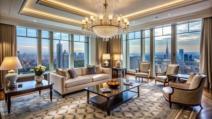 Opulent suite with lavish furnishings, crystal chandelier, marble floors, and breathtaking city views through floor-to-ceiling windows.