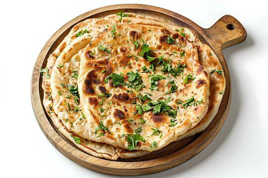 Board and plate of tasty Paratha with on white background.