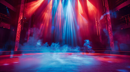 Fototapeta premium Theater stage light background with spotlight illuminated the stage.. Empty stage with bright colors backdrop decoration. Entertainment show.