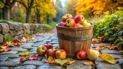 Vibrant autumnal still life featuring a weathered wooden bucket overflowing with fresh juicy apples on a rustic stone pathway.