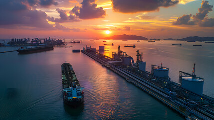 Fototapeta premium Aerial view of a bustling port during a vibrant sunset