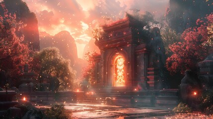 Fototapeta premium A dark and eerie scene with a large stone structure in the center. The structure is surrounded by smaller stone buildings and has a glowing orb in the middle. Scene is mysterious and ominous