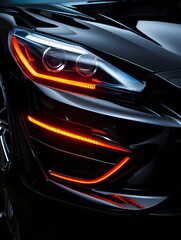car headlight close-up, neon glow, black background