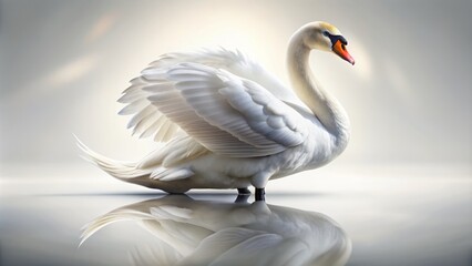 Obraz premium Elegant white swan with delicate feathers and subtle shading stands serenely alone on a pristine pure white isolation background.