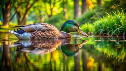 Obraz premium A serene solo duck bends its head to sip from the calm, reflective surface of a peaceful forest pond surrounded by lush greenery.