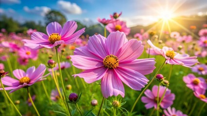 Obraz premium Vibrant pink Coreopsis rosea flowers with delicate petals and yellow centers bloom in a lush green meadow under sunny skies.