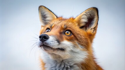 A vibrant two-year-old red fox with a curious expression looks upwards, solitary against a pristine white background.