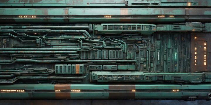 Industrial wall with pipes and panels in green and brown