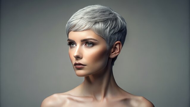 Serenely lit, minimalist background featuring a elegant grey pixie haircut mannequin, exuding natural, confident, and positive mature beauty essence.