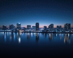 Naklejka premium Captivating Nighttime Cityscape with Reflective Waters and Skyscrapers against a Starry Sky - Ideal for Modern Urban Photography Enthusiasts