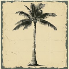 Vintage Artistic Illustration of a Palm Tree on Aged Canvas Background - Tropical Beach Oasis in Classic Sepia Tone