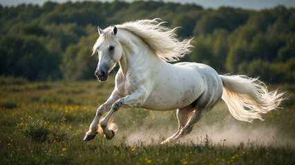 Fototapeta premium Beleza em Movimento: Cavalo Branco Galopando no Campo