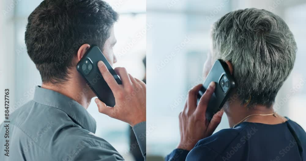 Wall mural Business people, discussion and talking with phone call in sequence for conversation or communication at office. Back view, businessman and woman discussing proposal on mobile smartphone at workplace