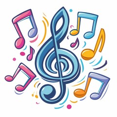 A colorful musical note with other notes surrounding it