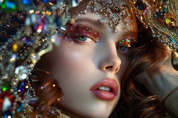 Captivating closeup of a model with glittering makeup and an ornate headpiece