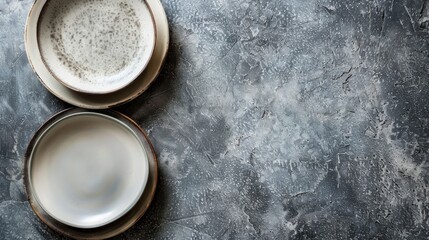 Antique porcelain plates on concrete with space for text perfect for food photography