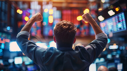 Stock market financial anlyst or businessman in a suit and tie raising his arms in celebration of a successful investment, IPO Success Concept.
