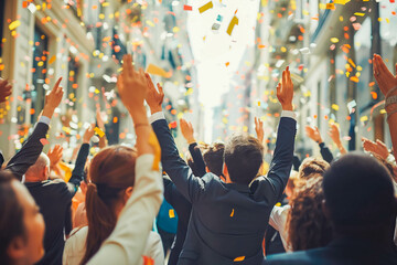 Back view large group of business people celebrating in the street