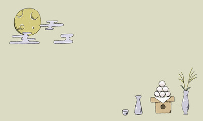 ベージュのお月見の背景イラスト、月見団子とともに。ペン画風の手描きタッチ。