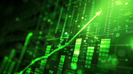 business finance chart . green arrow pointing up on digital green background, financial growth and success for business 