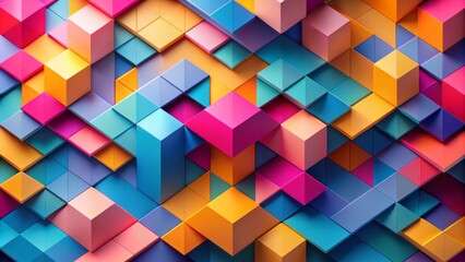 Obraz premium Vibrant abstract geometric shapes in pink, blue, yellow, and orange hues overlap and intersect in a dynamic visual arrangement.