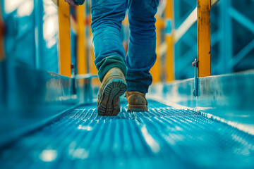 Close up of worker walking on metal platform at construction site