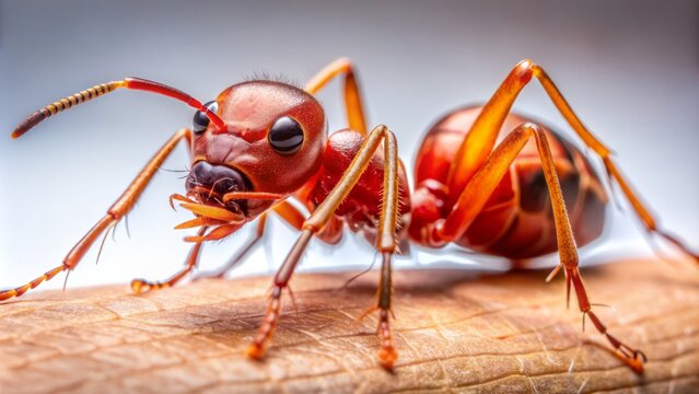 Close-up of a red ant's painful sting on human skin, isolated on white background, showcasing its angry mandibles and venomous fangs.