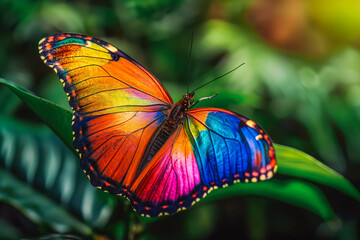 Colorful rainbow colored butterfly with wings spread out