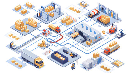 Isometric illustration depicting a modern industrial logistics operation with automated machinery, vehicles, and workers managing the flow of goods.